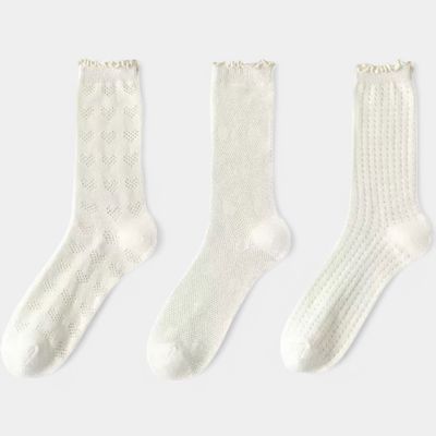 Women's Delicate Lace Knit Crew Socks with Subtle Textured Patterns