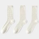 Beige Women's Delicate Lace Knit Crew Socks with Subtle Textured Patterns
