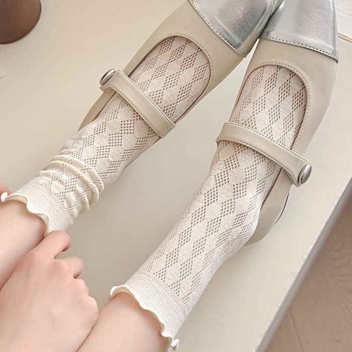 Women's Delicate Lace Knit Crew Socks with Subtle Textured Patterns