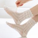 Beige Women's Delicate Lace Knit Crew Socks with Subtle Textured Patterns