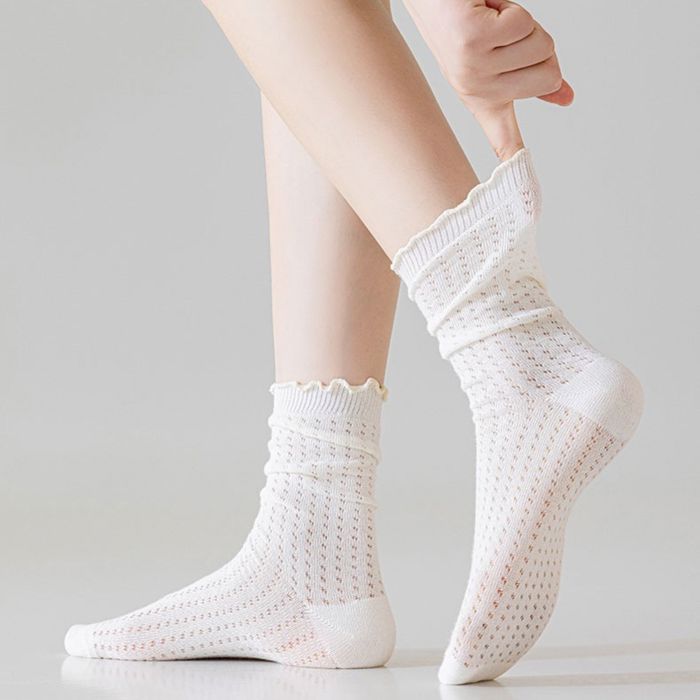 Women's Delicate Lace Knit Crew Socks with Subtle Textured Patterns