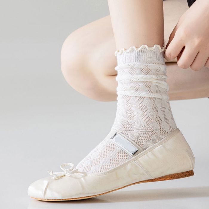 Women's Delicate Lace Knit Crew Socks with Subtle Textured Patterns