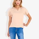 Beige Large Women's Short Sleeve V-Neck Blouse with Double Layer Ruffle Sleeve Detail Casual and Chic for Everyday Wear