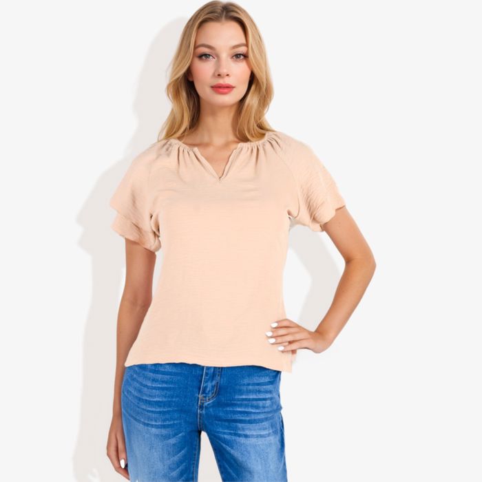 Women's Short Sleeve V-Neck Blouse with Double Layer Ruffle Sleeve Detail Casual and Chic for Everyday Wear