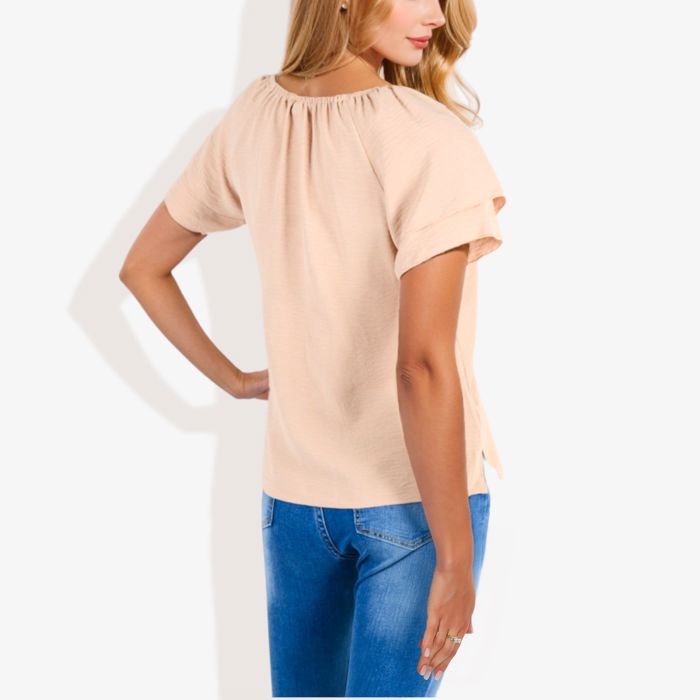 Women's Short Sleeve V-Neck Blouse with Double Layer Ruffle Sleeve Detail Casual and Chic for Everyday Wear