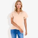 Beige Large Women's Short Sleeve V-Neck Blouse with Double Layer Ruffle Sleeve Detail Casual and Chic for Everyday Wear