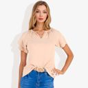 Beige Medium Women's Short Sleeve V-Neck Blouse with Double Layer Ruffle Sleeve Detail Casual and Chic for Everyday Wear