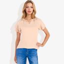 Beige Medium Women's Short Sleeve V-Neck Blouse with Double Layer Ruffle Sleeve Detail Casual and Chic for Everyday Wear