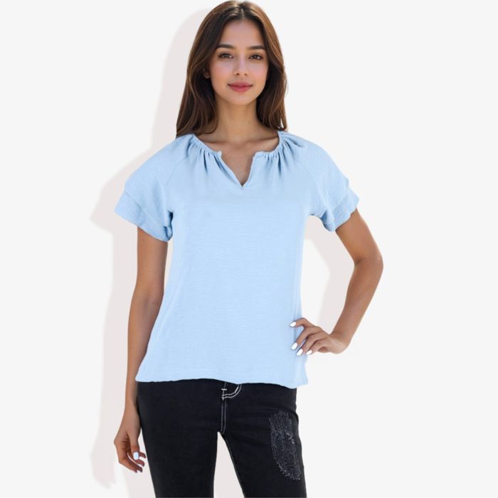 Women's Short Sleeve V-Neck Blouse with Double Layer Ruffle Sleeve Detail Casual and Chic for Everyday Wear