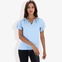 Blue Medium Women's Short Sleeve V-Neck Blouse with Double Layer Ruffle Sleeve Detail Casual and Chic for Everyday Wear