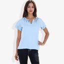 Blue Small Women's Short Sleeve V-Neck Blouse with Double Layer Ruffle Sleeve Detail Casual and Chic for Everyday Wear