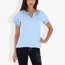 Blue XL Women's Short Sleeve V-Neck Blouse with Double Layer Ruffle Sleeve Detail Casual and Chic for Everyday Wear
