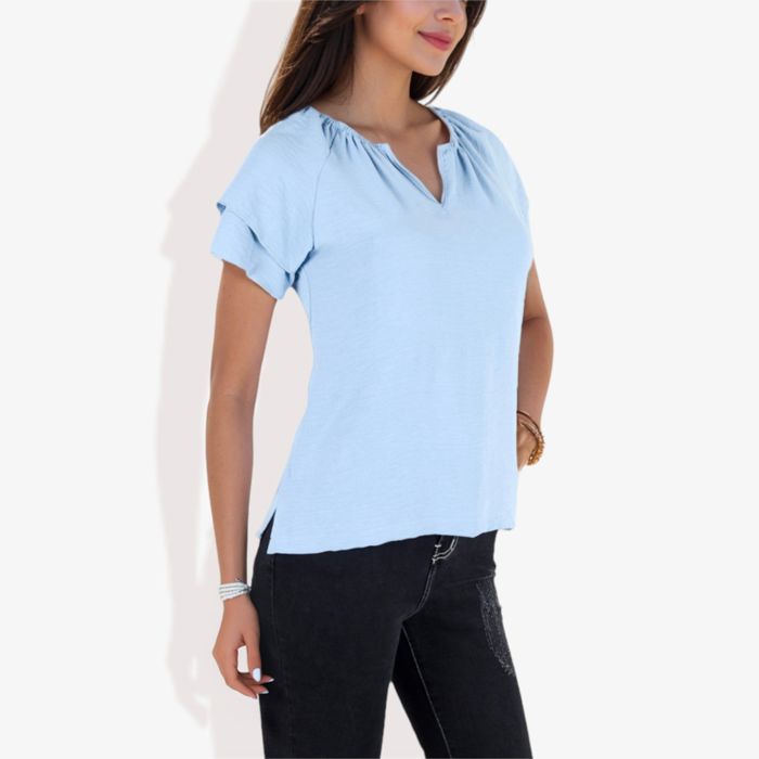 Women's Short Sleeve V-Neck Blouse with Double Layer Ruffle Sleeve Detail Casual and Chic for Everyday Wear