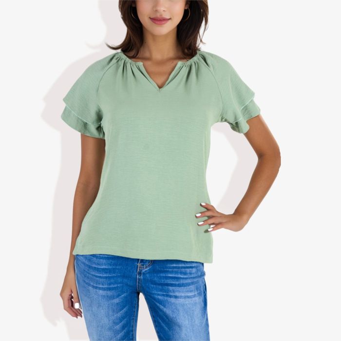 Women's Short Sleeve V-Neck Blouse with Double Layer Ruffle Sleeve Detail Casual and Chic for Everyday Wear