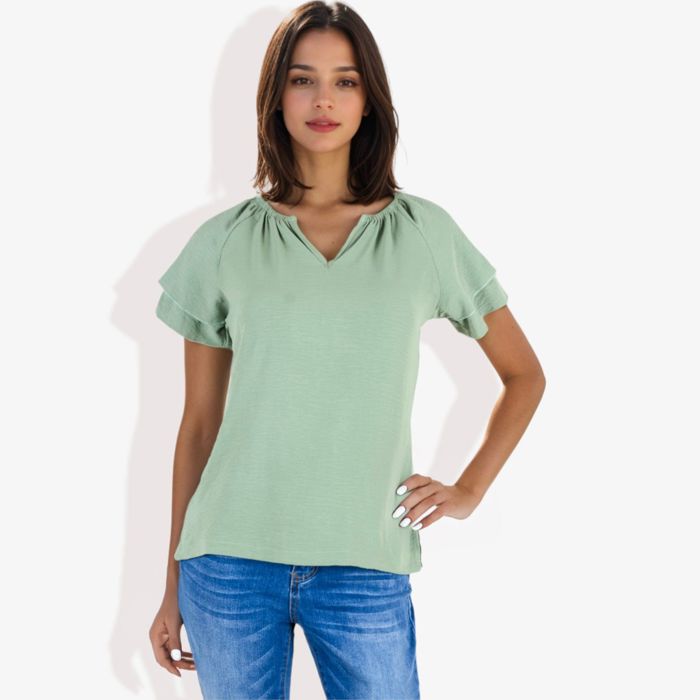 Women's Short Sleeve V-Neck Blouse with Double Layer Ruffle Sleeve Detail Casual and Chic for Everyday Wear