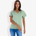 Green Medium Women's Short Sleeve V-Neck Blouse with Double Layer Ruffle Sleeve Detail Casual and Chic for Everyday Wear