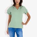 Green Small Women's Short Sleeve V-Neck Blouse with Double Layer Ruffle Sleeve Detail Casual and Chic for Everyday Wear
