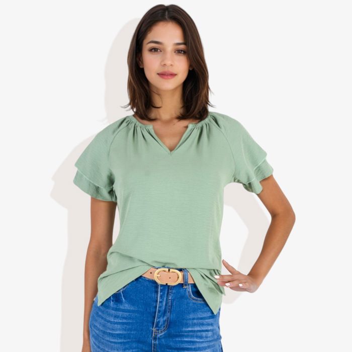 Women's Short Sleeve V-Neck Blouse with Double Layer Ruffle Sleeve Detail Casual and Chic for Everyday Wear