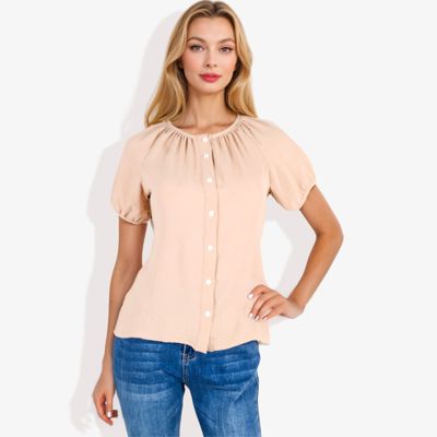 Women's Short Sleeve Button Down Blouse with Gathered Neckline Casual and Comfortable Top for Everyday Wear