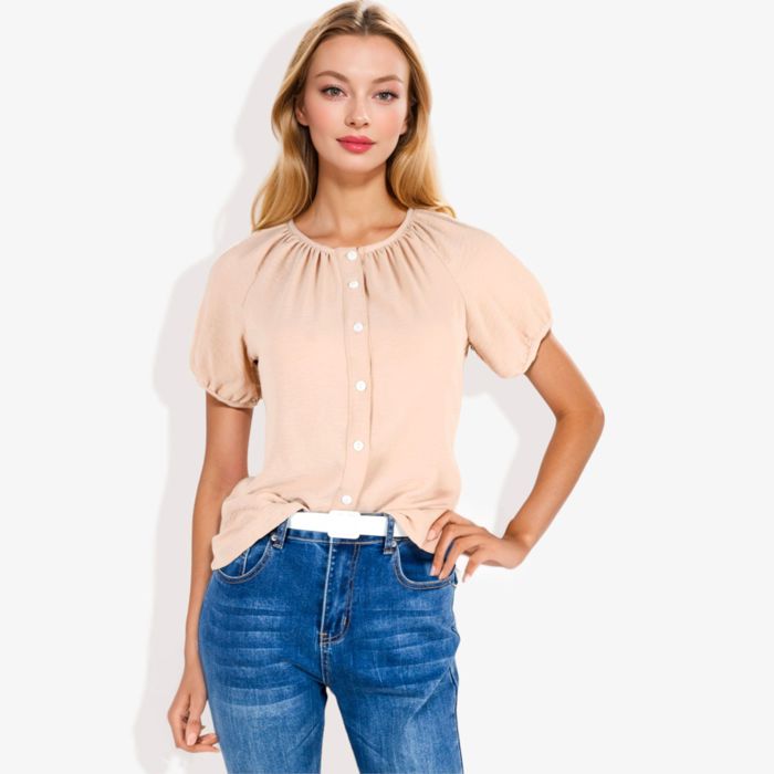 Women's Short Sleeve Button Down Blouse with Gathered Neckline Casual and Comfortable Top for Everyday Wear