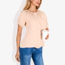 Beige Medium Women's Short Sleeve Button Down Blouse with Gathered Neckline Casual and Comfortable Top for Everyday Wear