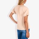 Beige Medium Women's Short Sleeve Button Down Blouse with Gathered Neckline Casual and Comfortable Top for Everyday Wear