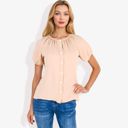 Beige Small Women's Short Sleeve Button Down Blouse with Gathered Neckline Casual and Comfortable Top for Everyday Wear