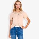 Beige Small Women's Short Sleeve Button Down Blouse with Gathered Neckline Casual and Comfortable Top for Everyday Wear