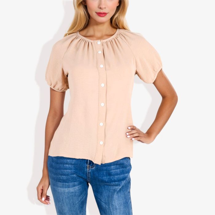 Women's Short Sleeve Button Down Blouse with Gathered Neckline Casual and Comfortable Top for Everyday Wear
