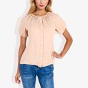 Beige XL Women's Short Sleeve Button Down Blouse with Gathered Neckline Casual and Comfortable Top for Everyday Wear