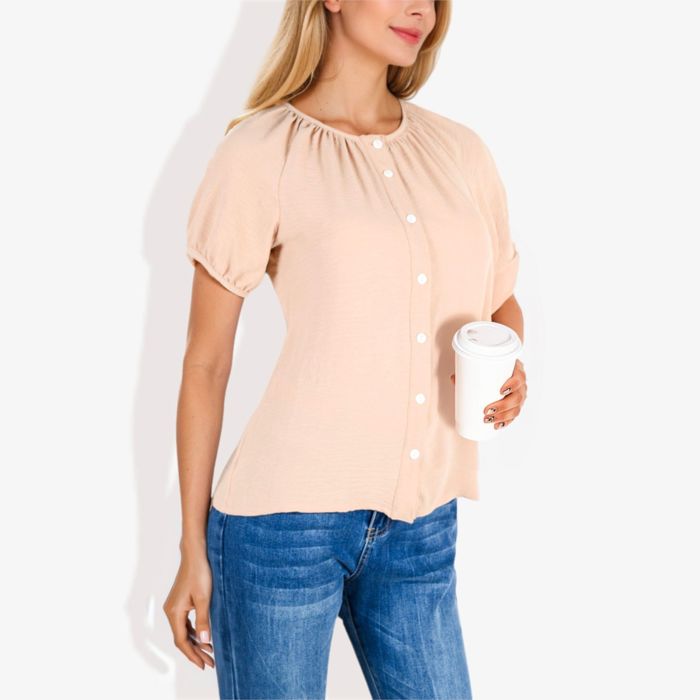 Women's Short Sleeve Button Down Blouse with Gathered Neckline Casual and Comfortable Top for Everyday Wear