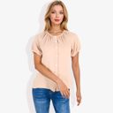 Beige XL Women's Short Sleeve Button Down Blouse with Gathered Neckline Casual and Comfortable Top for Everyday Wear