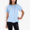 Blue Medium Women's Short Sleeve Button Down Blouse with Gathered Neckline Casual and Comfortable Top for Everyday Wear