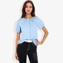 Blue Medium Women's Short Sleeve Button Down Blouse with Gathered Neckline Casual and Comfortable Top for Everyday Wear