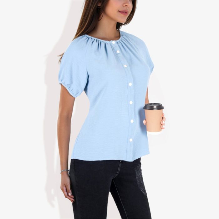 Women's Short Sleeve Button Down Blouse with Gathered Neckline Casual and Comfortable Top for Everyday Wear