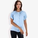 Blue Medium Women's Short Sleeve Button Down Blouse with Gathered Neckline Casual and Comfortable Top for Everyday Wear