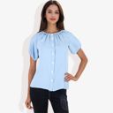 Blue Small Women's Short Sleeve Button Down Blouse with Gathered Neckline Casual and Comfortable Top for Everyday Wear