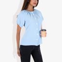 Blue Small Women's Short Sleeve Button Down Blouse with Gathered Neckline Casual and Comfortable Top for Everyday Wear