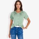 Green Large Women's Short Sleeve Button Down Blouse with Gathered Neckline Casual and Comfortable Top for Everyday Wear