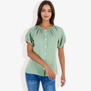 Green Large Women's Short Sleeve Button Down Blouse with Gathered Neckline Casual and Comfortable Top for Everyday Wear