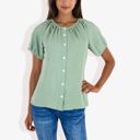 Green Medium Women's Short Sleeve Button Down Blouse with Gathered Neckline Casual and Comfortable Top for Everyday Wear