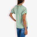 Green Medium Women's Short Sleeve Button Down Blouse with Gathered Neckline Casual and Comfortable Top for Everyday Wear
