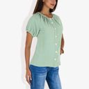 Green Small Women's Short Sleeve Button Down Blouse with Gathered Neckline Casual and Comfortable Top for Everyday Wear