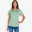 Green XL Women's Short Sleeve Button Down Blouse with Gathered Neckline Casual and Comfortable Top for Everyday Wear