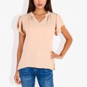 Beige Large Women's Short Sleeve Ruffle Hem V-Neck Blouse Lightweight and Comfortable Casual Top
