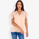 Beige Large Women's Short Sleeve Ruffle Hem V-Neck Blouse Lightweight and Comfortable Casual Top