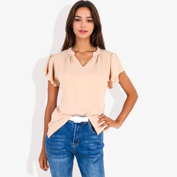 Women's Short Sleeve Ruffle Hem V-Neck Blouse Lightweight and Comfortable Casual Top