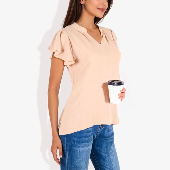 Women's Short Sleeve Ruffle Hem V-Neck Blouse Lightweight and Comfortable Casual Top