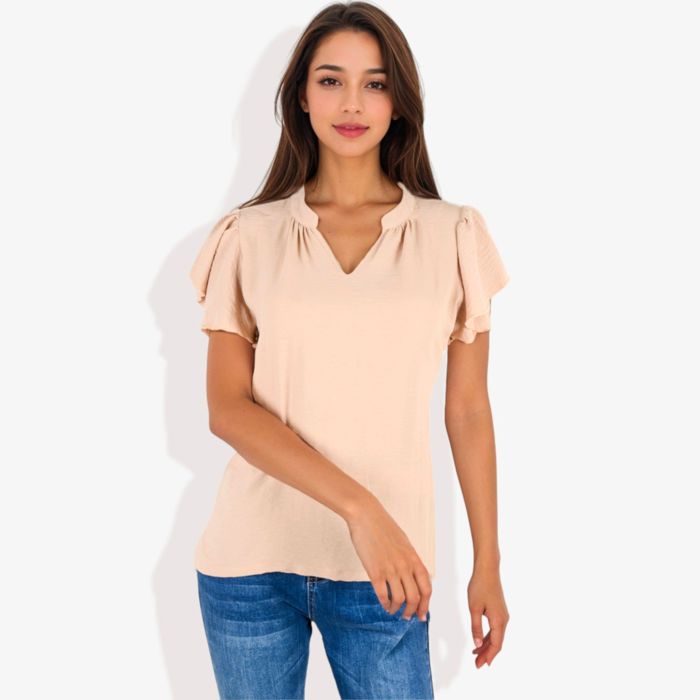 Women's Short Sleeve Ruffle Hem V-Neck Blouse Lightweight and Comfortable Casual Top