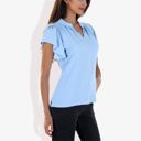Blue Large Women's Short Sleeve Ruffle Hem V-Neck Blouse Lightweight and Comfortable Casual Top